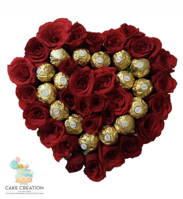 Heart Shape Red Roses with Ferrero Rocher